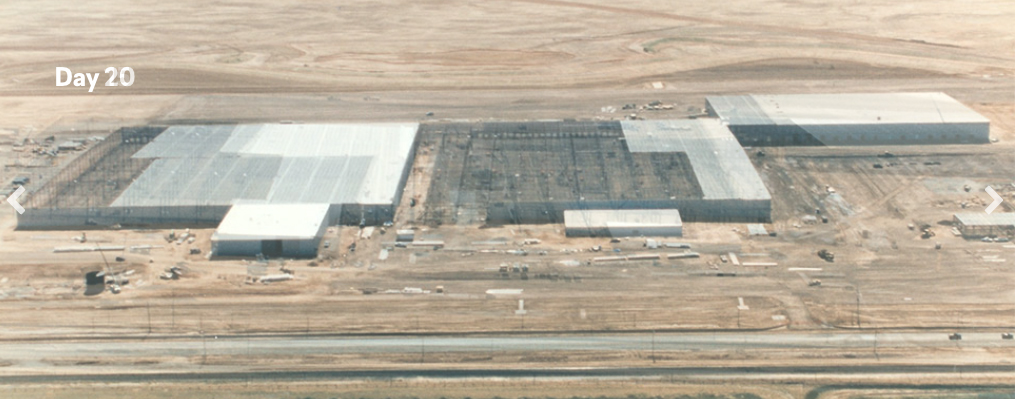 Aerial view labeled “Day 20” showing significant construction progress, with most roof panels installed, steel framing nearly enclosed, and the large industrial facility clearly defined across the desert site.